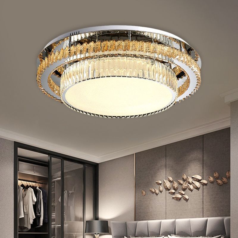 19.5"/23.5" Wide Drum Ceiling Lamp Modern Beveled Glass Crystal LED Chrome Flushmount Lighting for Restaurant