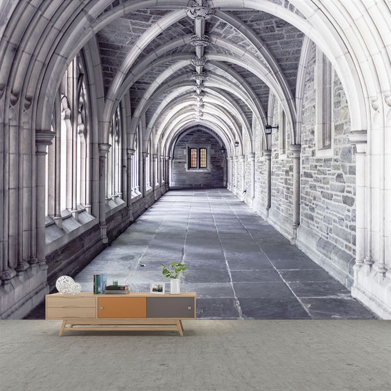 Grey-White Arch Corridor Mural 3D Effect Modern Stain Proof Wall Covering for Home