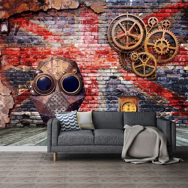 Cool Gear and Brick Murals Wallpaper for Bedroom, Grey and Red, Custom Size Available