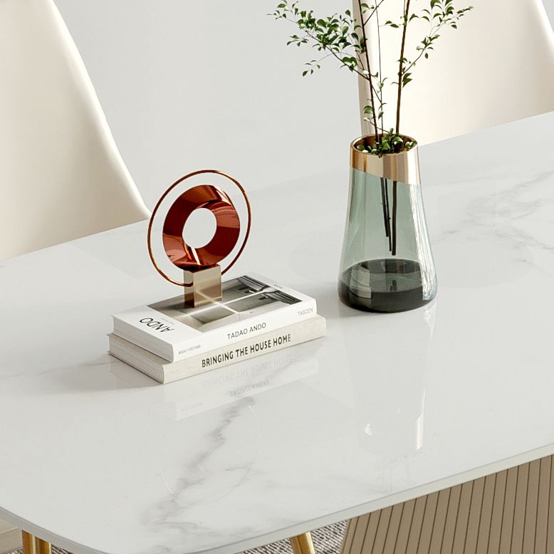 Minimalist Sintered Stone Dining Set for 4/6 Table Set of Metal Gold Base and PU Leather Chairs