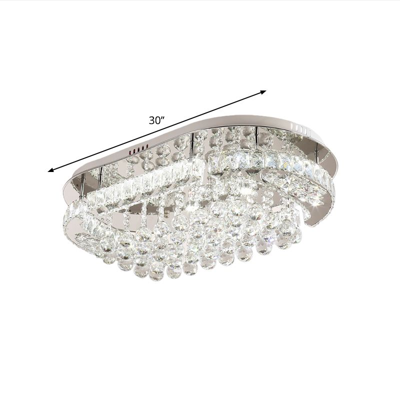 Stainless-Steel LED Light Fixture Contemporary Clear Cut Crystal Blocks Oval Semi Flush with Ball Droplets