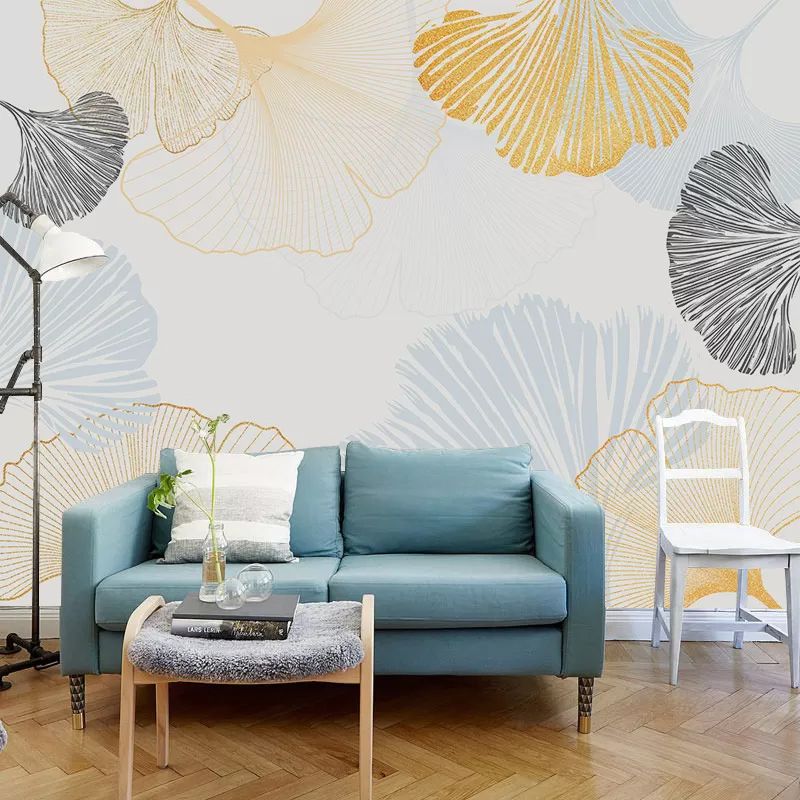 Ginkgo Wall Mural Decal in Blue and Yellow, Nordic Wall Covering for Living Room Decoration