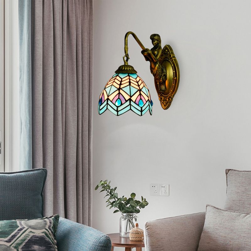 Peacock Tail Sconce Light Tiffany Multicolor Stained Glass 1 Head Antique Brass Wall Mount Light