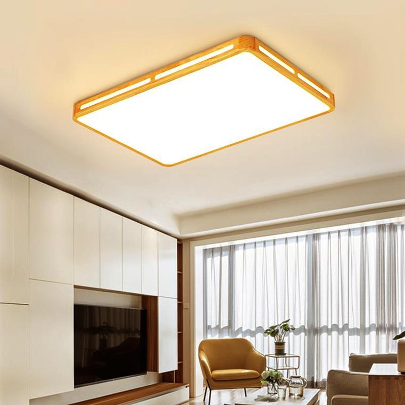 25.5"/37.5" Wide Rectangle Ceiling Light Minimalist Wood Beige LED Flush Mount Lamp for Bedroom