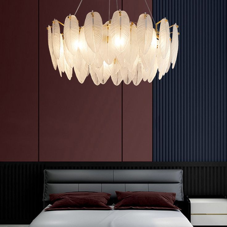 Lampadario di piume di piume di vetro bianco testurato illuminazione sospensione per la camera da letto