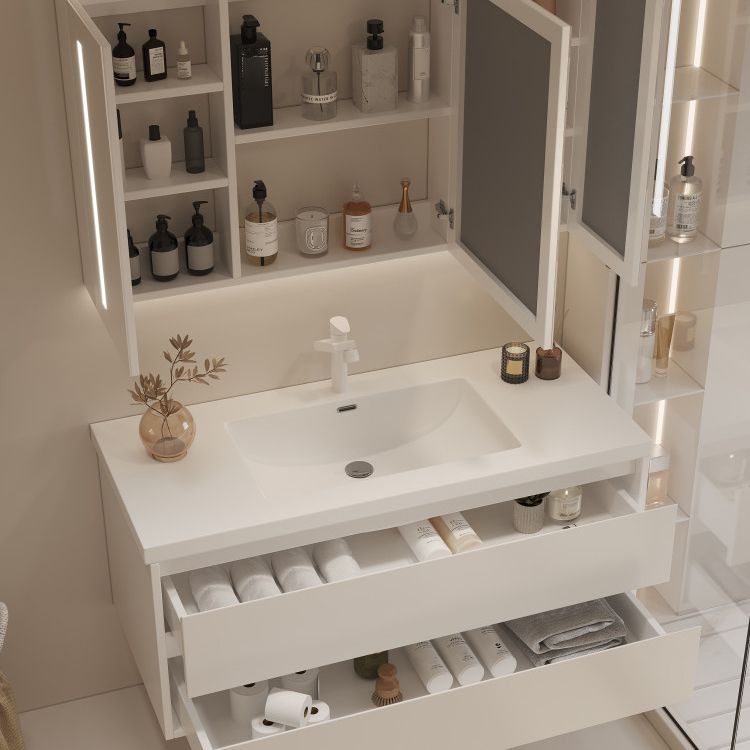 White Bathroom Vanity Wood Rectangle Single Sink Wall Mount 2 Drawers Vanity Set