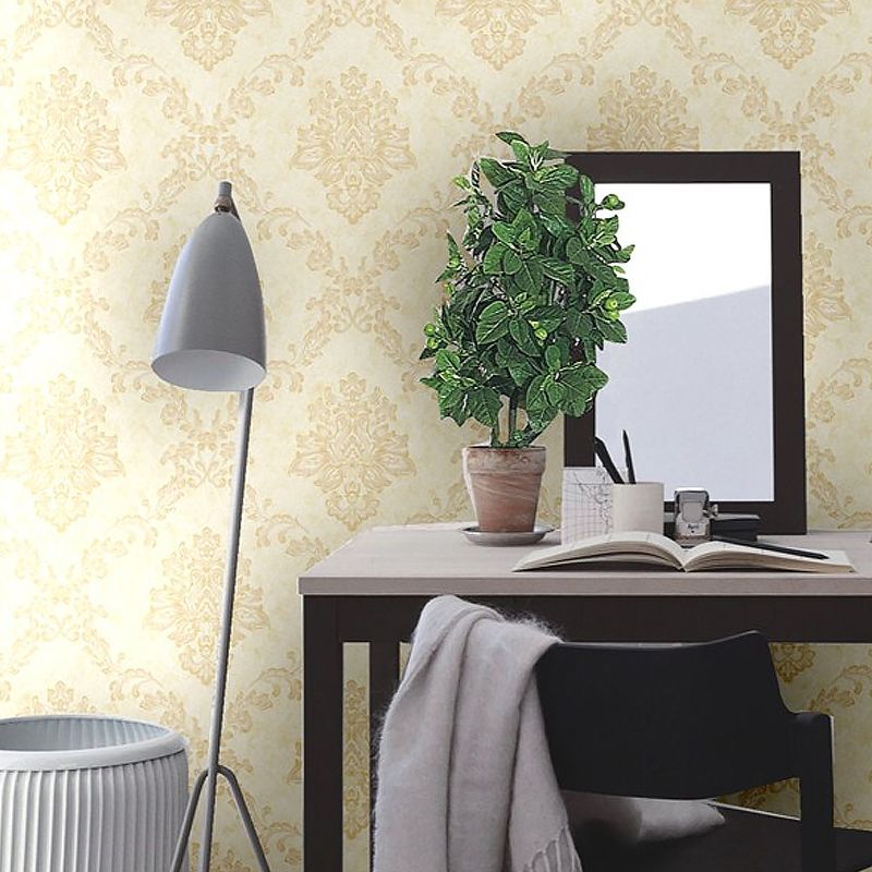 Damask Wallpaper Roll Nostalgic Moisture Resistant Dining Room Wall Art, 31' L x 20.5" W