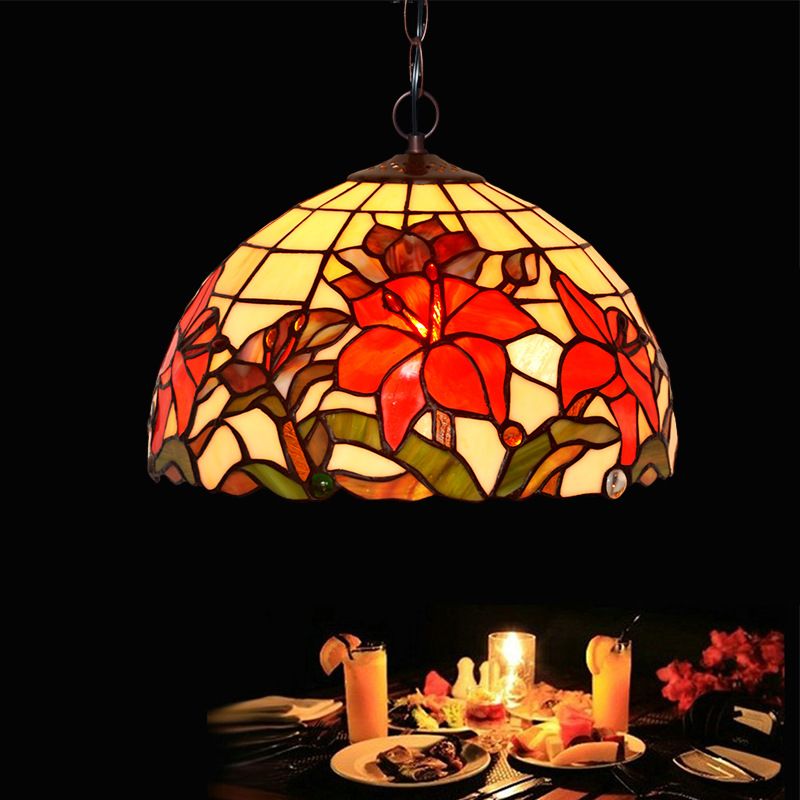 1/2 Lights Chandelier Lamp Mediterranean Floral Red Cut Glass Suspension Pendant Light, 12"/16" W