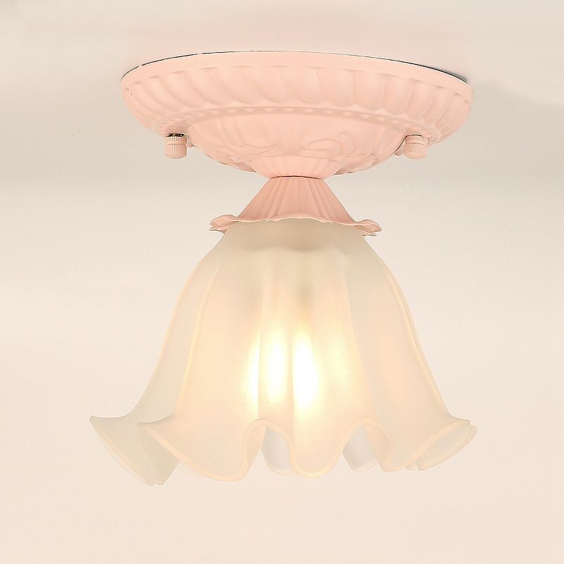 Frost Glass Ruffle Semi Flush Pastoral Single-Bulb Bedroom Flush Ceiling Light Fixture