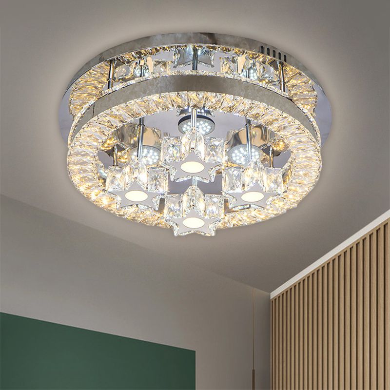 Halo Flush Light Fixture Simple Clear Crystal Stainless-Steel LED Ceiling Lighting with Star/Spiral Design for Living Room
