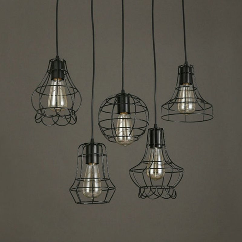 Black Caged Pendant Lighting Industrial Metal 1-Light Restaurant Suspension Light