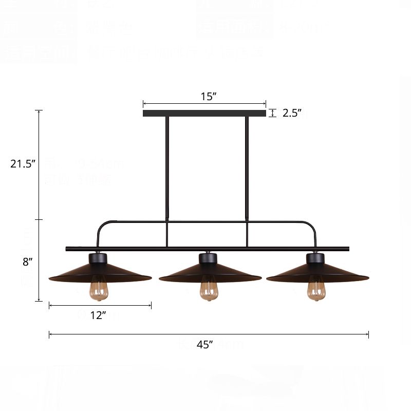 3 Lights Flared Hanging Lamp Industrial Black Finish Metal Island Light Fixture for Restaurant