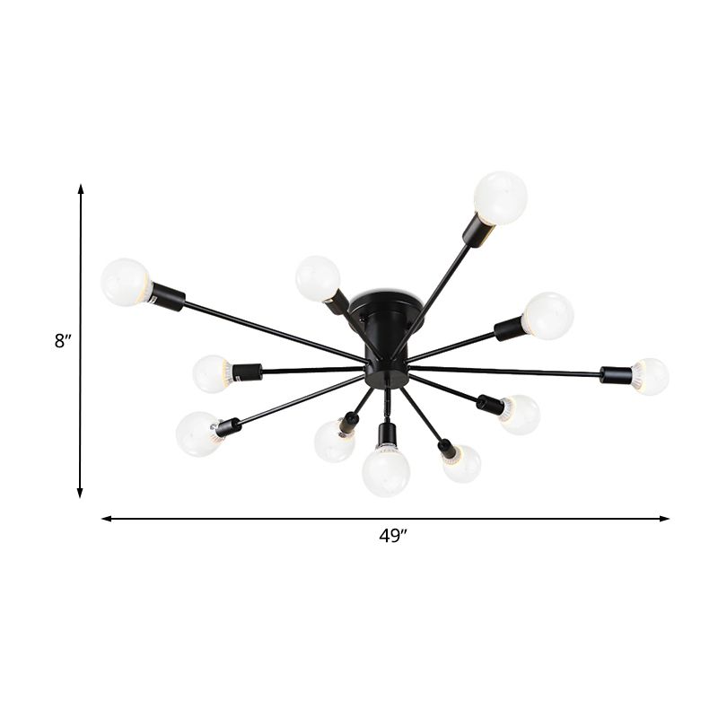 6/8 Heads Bare Bulb Semi Flush Mount Light Vintage Style Black/White Metallic Ceiling Light Fixture for Kitchen