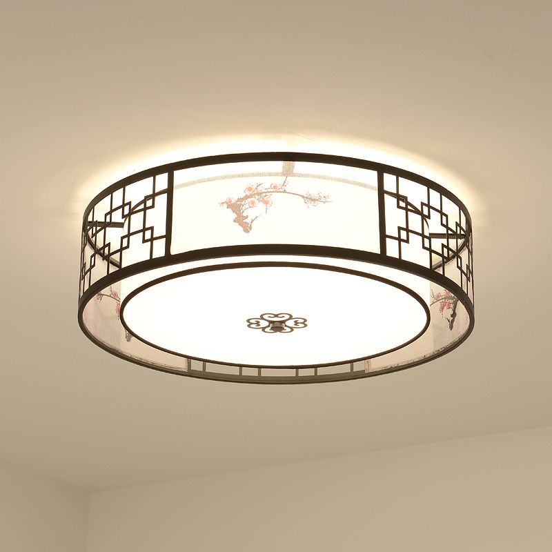 Noir 5-Fixation du plafond de la lumière dans le style traditionnel Concise en fer forgé Geometric Flush Mount with Embroidered Fabrics Shade