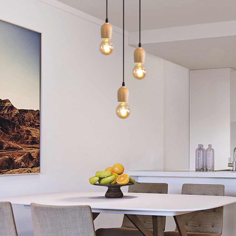 Mini Cluster Pendant Light Minimalist Natural Wood Dining Room Drop Lamp in Beige