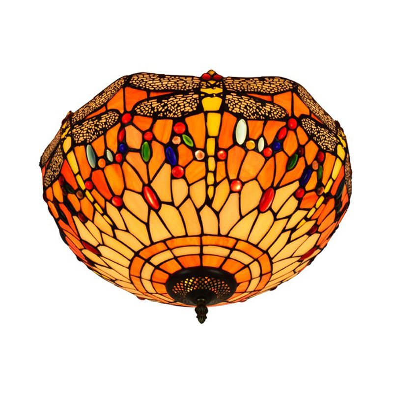 3 Heads Living Room Ceiling Mounted Fixture Tiffany Red/Yellow/Orange Flush Mount Lamp with Dragonfly Stained Glass Shade