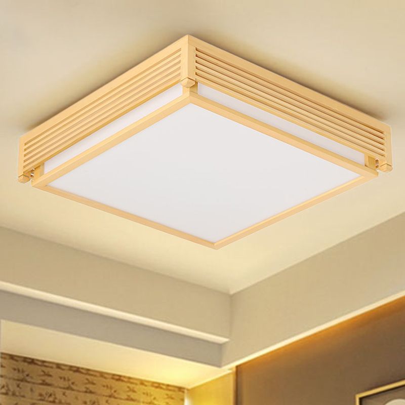 Quadratische Box Acryl Unterputzleuchte 14"/18"/21.5"W Einfache LED Beige Deckenleuchte in Warm/Weiß Licht mit Holzschutz