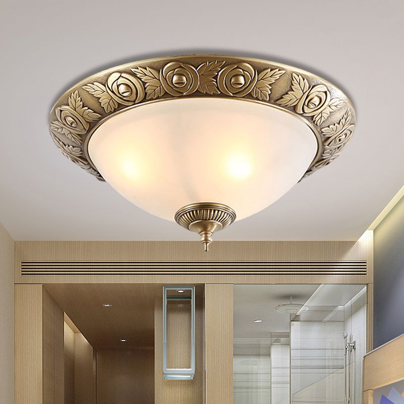 Brass Dome-Like Flush Mount Antiqued Milky Glass 2/3-Head 12"/16"/19" W Bedroom Ceiling Light Fixture