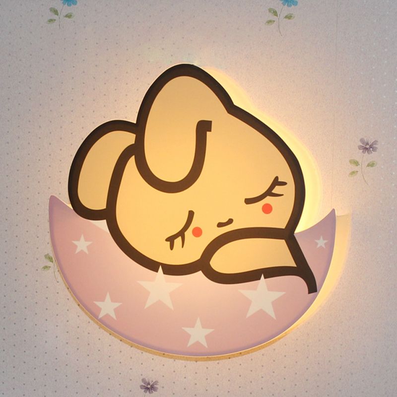 Sleeping Rabbit Girls Room Sconce Light Metal LED Cartoon Wall Mount Lamp in Pink, White/Warm Light