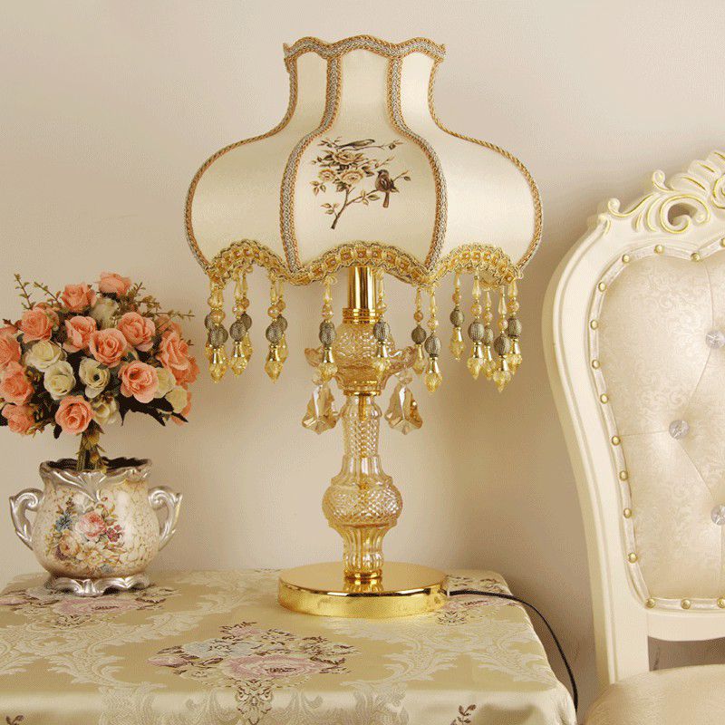 Print Fabric Gold Table Light Scalloped 1 Head Traditional Night Lamp with Crystal Drops