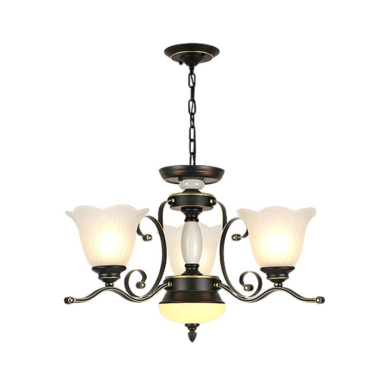 3/6 Heads Blossom Chandelier Lamp Traditional Black Opaline Glass Suspension Lighting with Scroll Arm