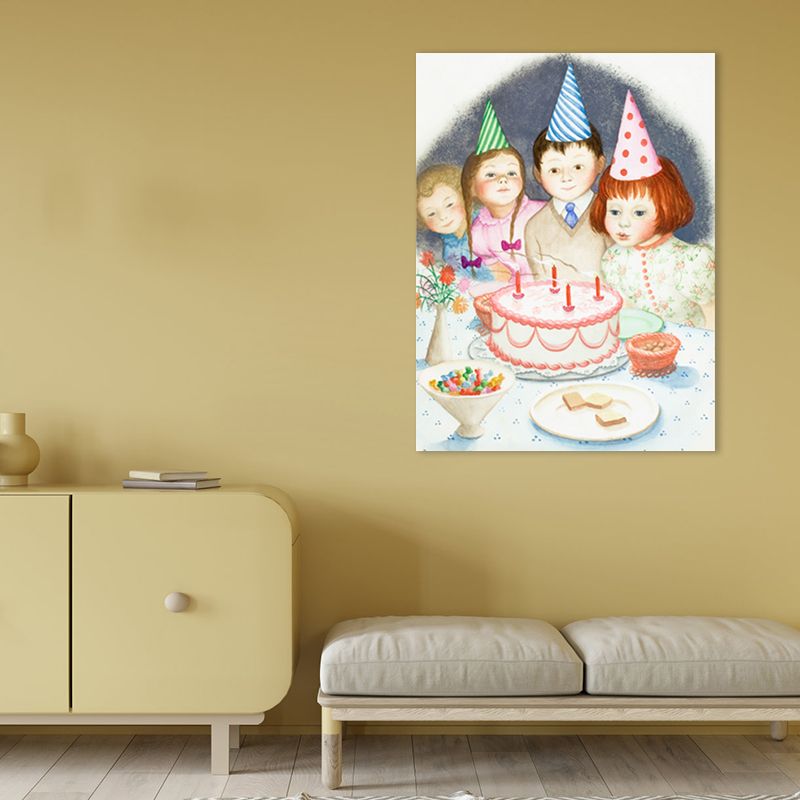 Illustrated Children's Art Canvas Print with Kids Birthday Scene in Light Pink for Parlour