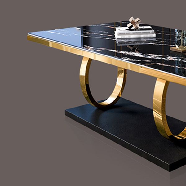Mesa de comedor tradicional de lujo, mesa rectangular de piedra sinterizada con marco dorado