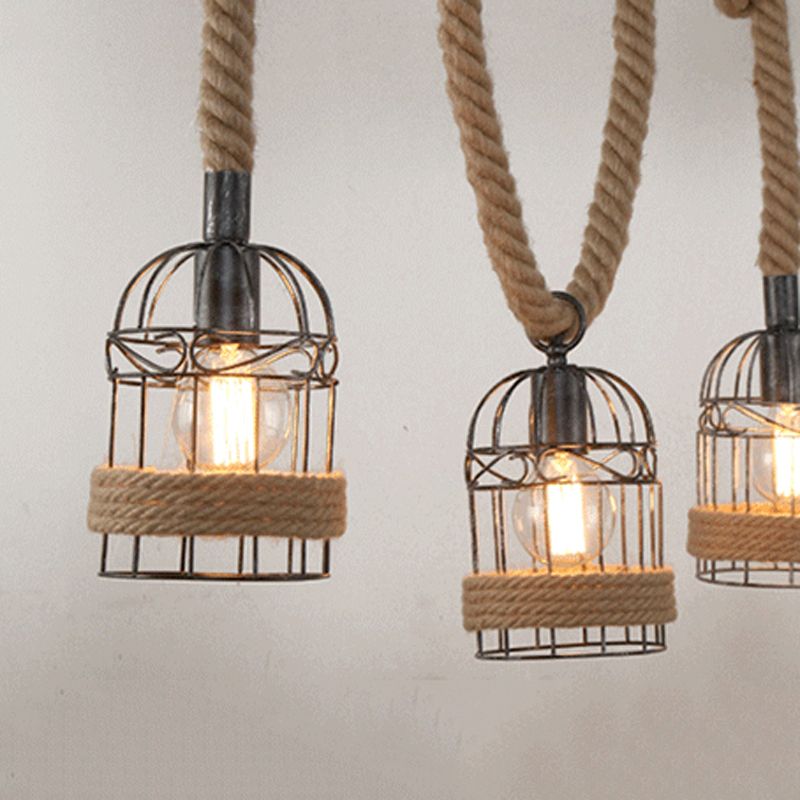 Industrial Style Birdcage Shape Island Pendants Rope Pendant Lights for Restaurant