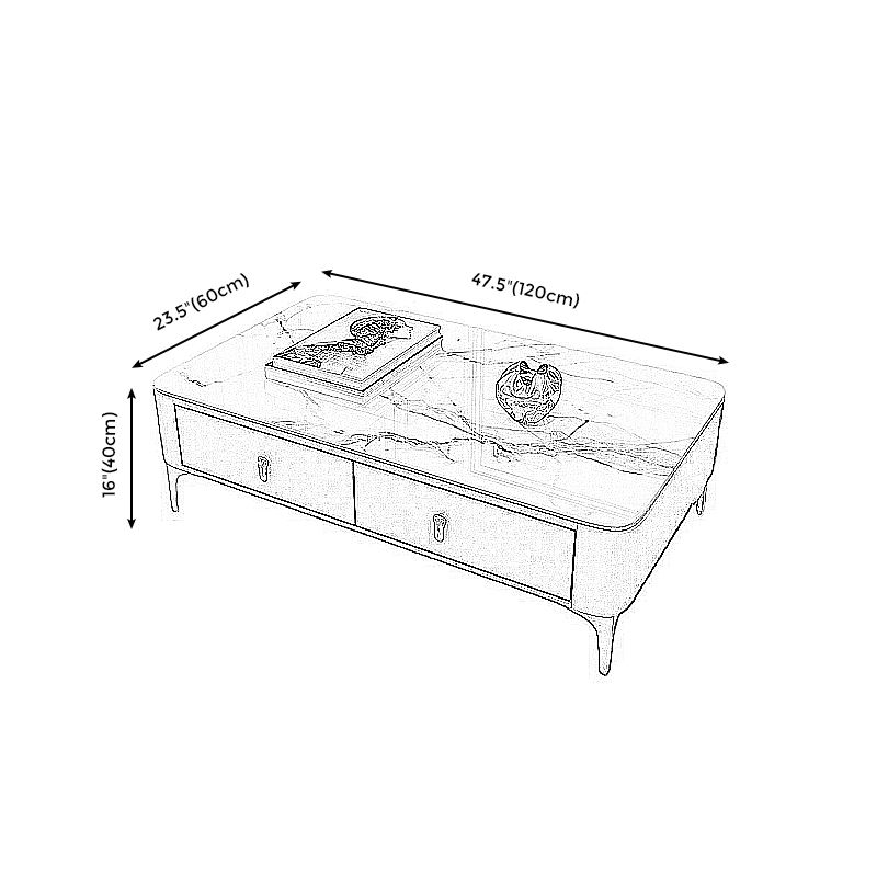 Modern Rectangular Stone Coffee Cocktail Table with Drawers, 47.2" W x 23.6" D x 15.7" H