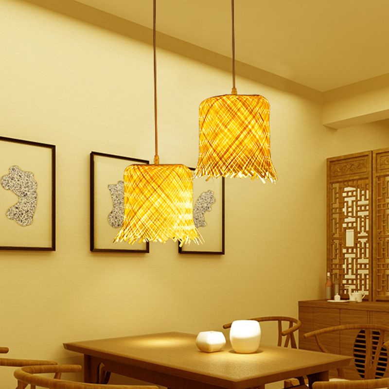 Asia Fringe Pendant Lighting Fixture Bamboo 1 Light Kitchen Hanging Lamp Kit in Beige