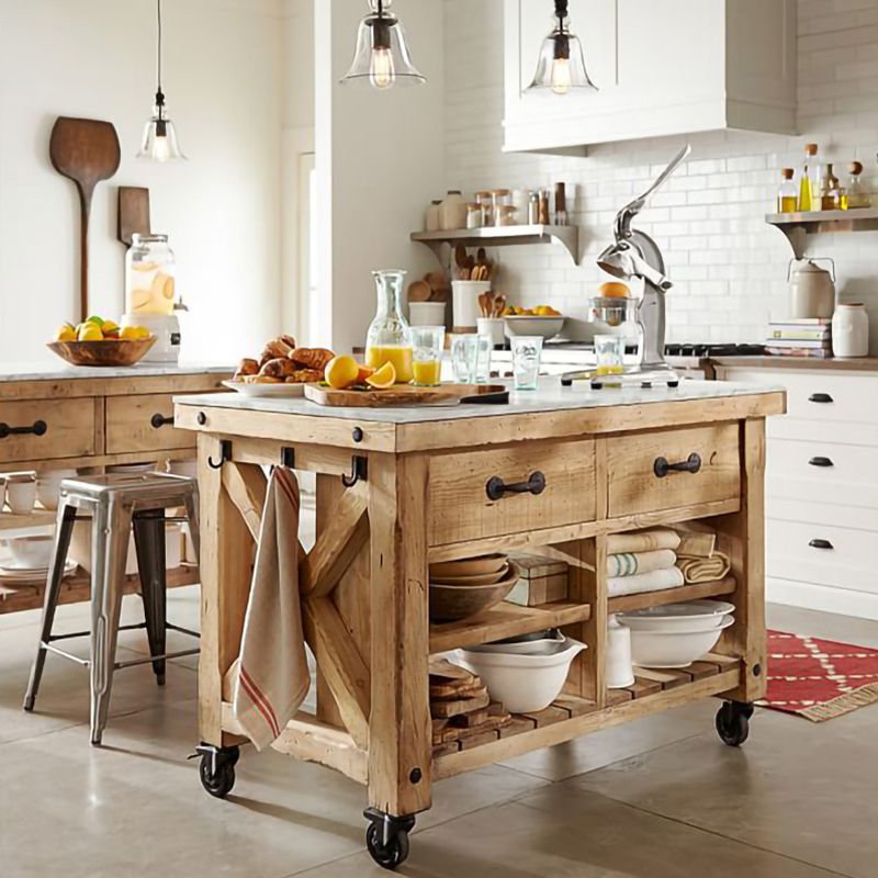 Modern Style Rectangular Kitchen Island Cart with Solid Wood Base