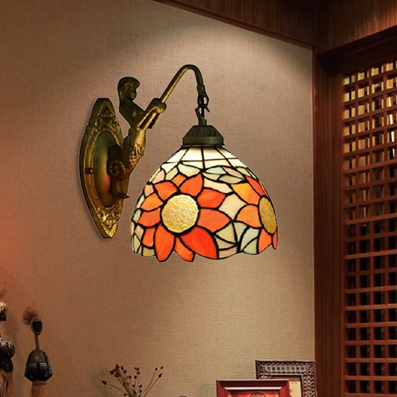 1 Head Hallway Wall Mounted Light Tiffany Orange Sconce Light whit Sunflower Stained Glass Shade