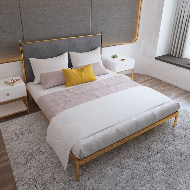 Luxurious Iron Bed Frame in Brass Upholstered High Panel Bed