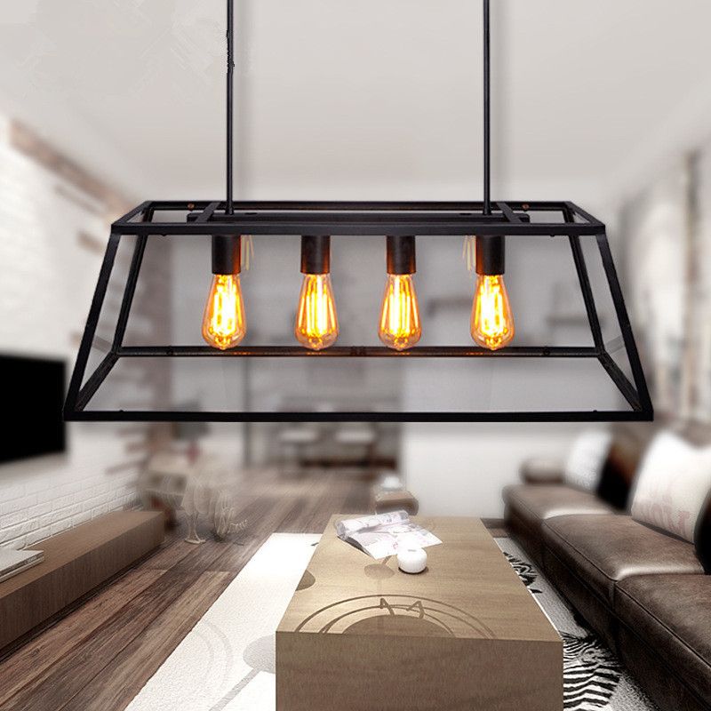 Industrial Glass Island Light Black 4 Lights Island Pendant for Restaurant