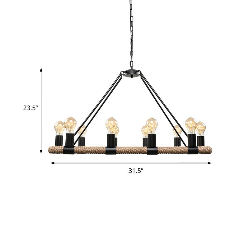 10/16 Bulbs Chandelier Lighting Loft Style Rectangular Frame Metal Pendant Lighting with Rope Detail in Black