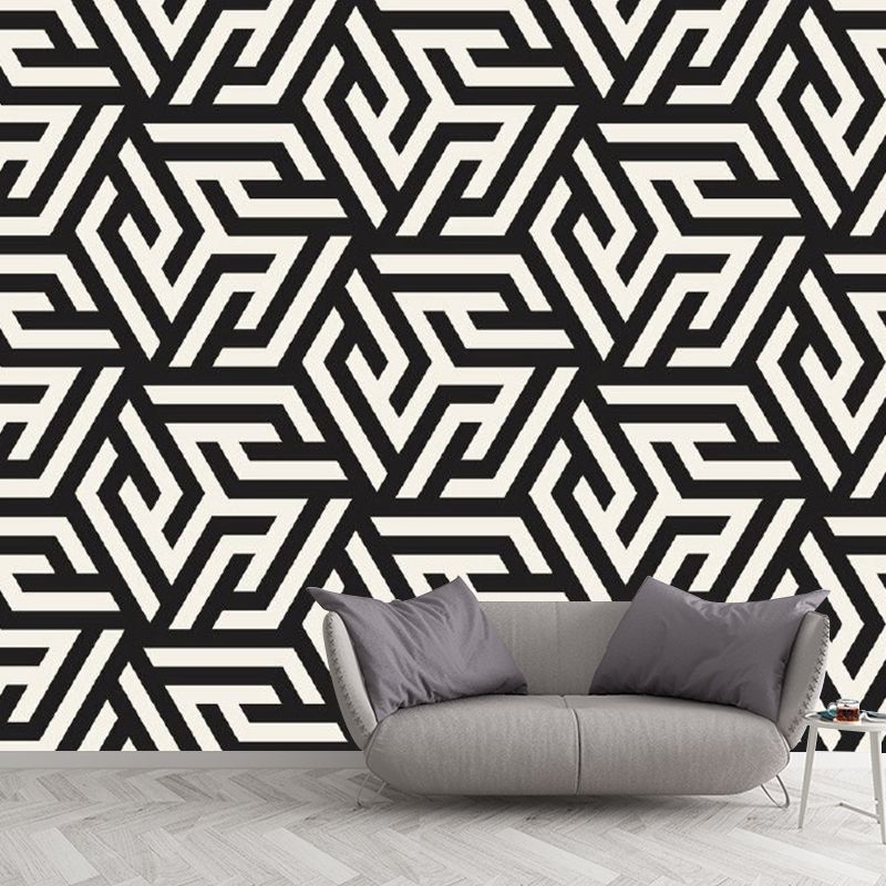 Geometry Maze Mural Wallpaper Modern Style Non-Woven Wall Decor in Black and White