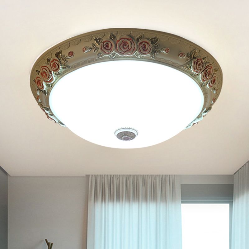 Illuminazione da soffitto vintage a cupola di design LED di vetro bianco con accento floreale, 12 "/16 "/19,5" largo