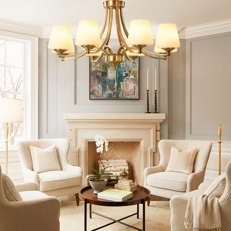 Post-Modern Curvy Arm Hanging Chandelier Light White Glass Shade Ceiling Chandelier in Gold for Living Room