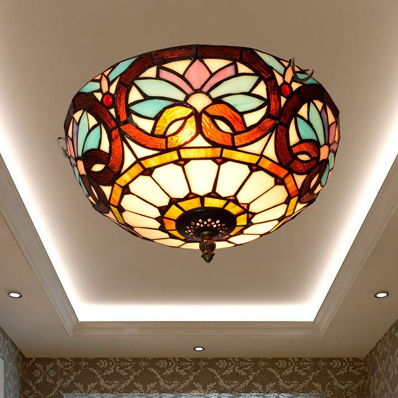 Plafonnier traditionnel à abat-jour en forme de bol, luminaire d'art en verre teinté
