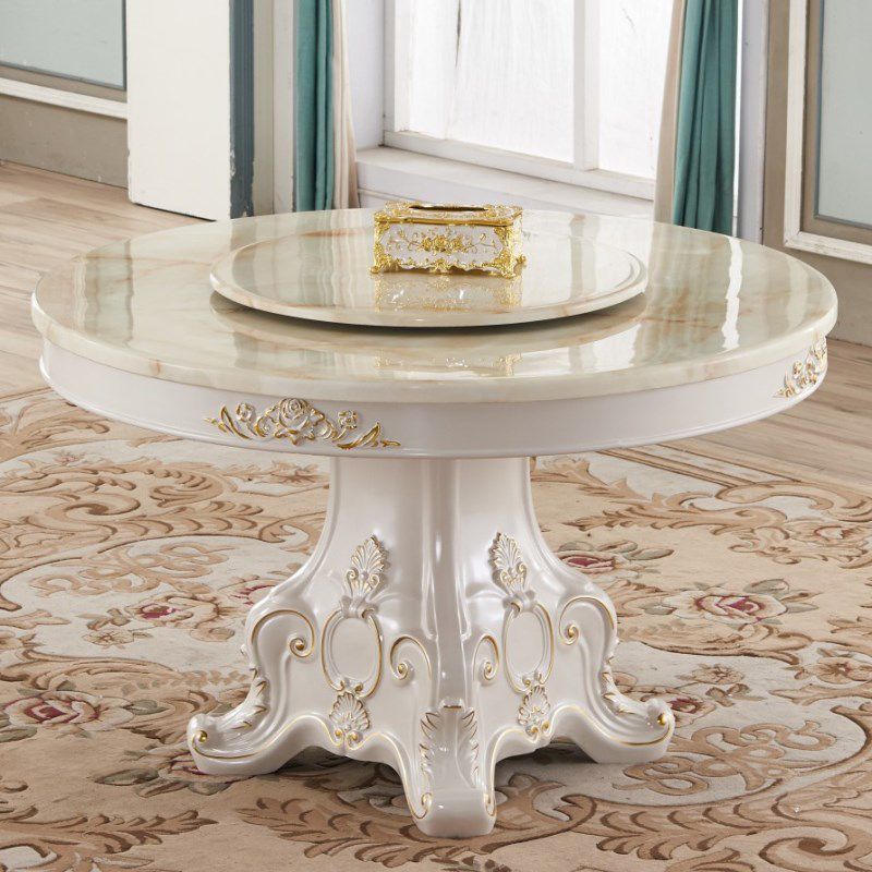 Solid Wood Victorian Round Table White Marble Top Table with Pedestal