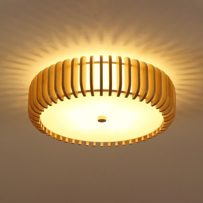 Wooden Flush Mount Ceiling Light Asian Style Living Room Round Shape Ceiling Mount Light