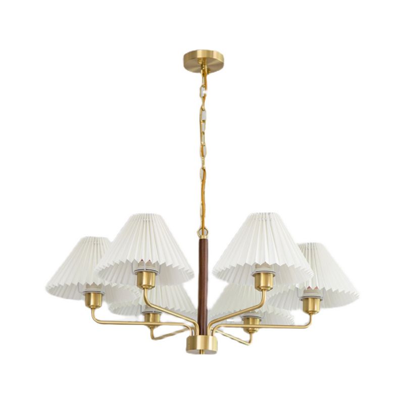 Tapered Hanging Lamp Vintage Walnut Wood Chandelier with Fabric Shade for Bedroom