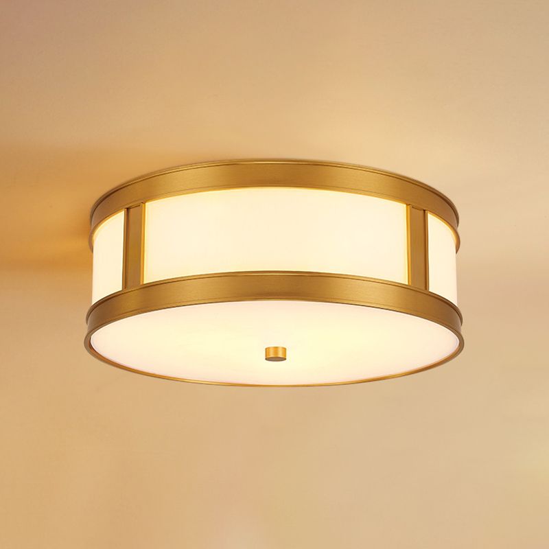 Lámpara de techo de latón en forma de tambor, vidrio esmerilado, lámpara dorada estadounidense