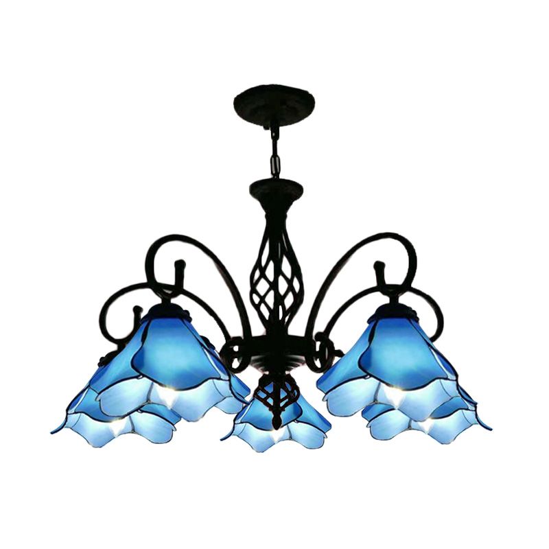 Bloembladen kroonluchter verlichtingsarmatuur tiffany roze/blauw glas 5/8 lichten zwart plafond hanglampje voor slaapkamer