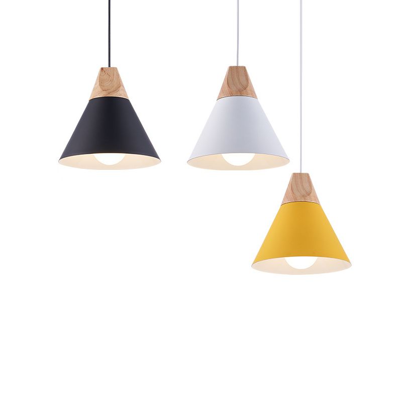 Metal Tapered Hanging Light Nordic Style 1 Light Wooden Top Ceiling Pendant Lamp for Living Room