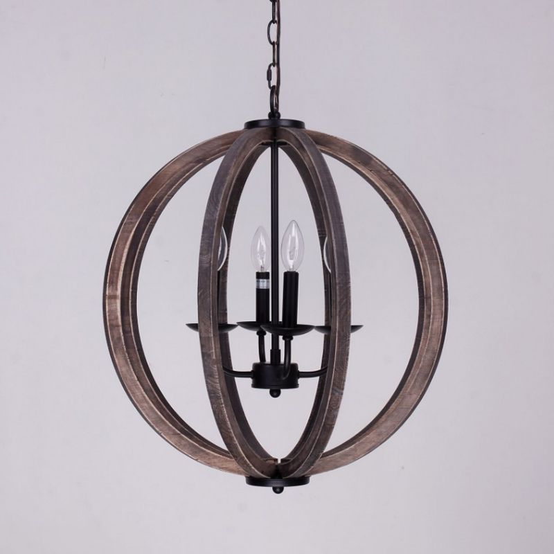 Global Chandelier Light Rustic Wood 4 Heads Brown Hanging Lamp Kit for Living Room