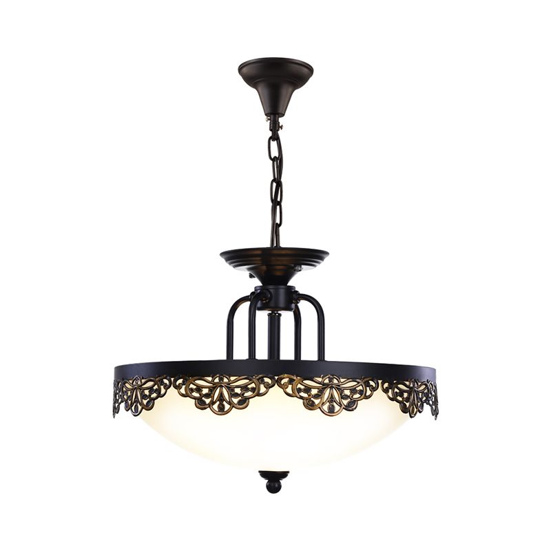 2 Bulbs Dome Hanging Chandelier Countryside Black Finish Opal Glass Pendant Light Fixture