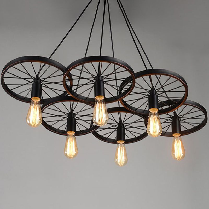 Wagon Wheel Style Industrial Hanging Light retrò ciondolo in ferro battuto in nero