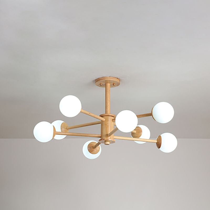 Multi Light Wood Chandelier Modern Globe Chandelier Lamp with White Glass for Living Room