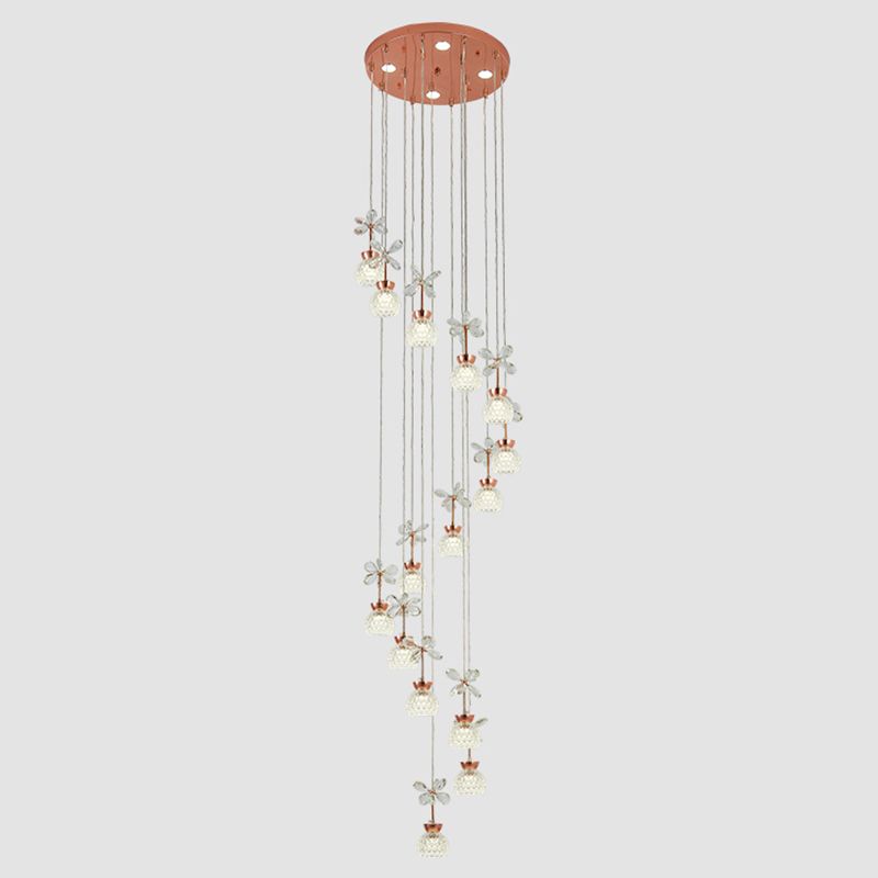 Floral Staircase Multi Light Pendant Crystal Modern LED Hanging Lighting with Dome Shade in Rose Gold